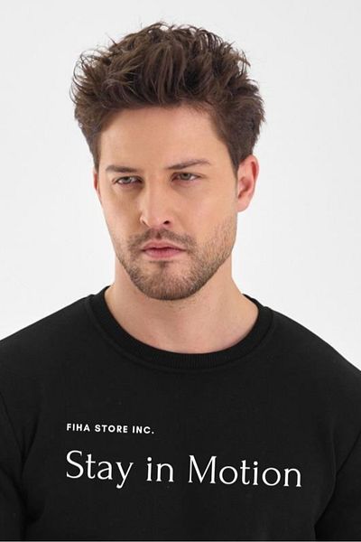 FİHA /2053-Male Printed Printed Zero Collar Sweat - Black