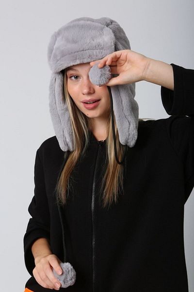 Luminos Butik Gray Plush Hat - with Pompom, Fur and Headphones, Beret Beanie1103