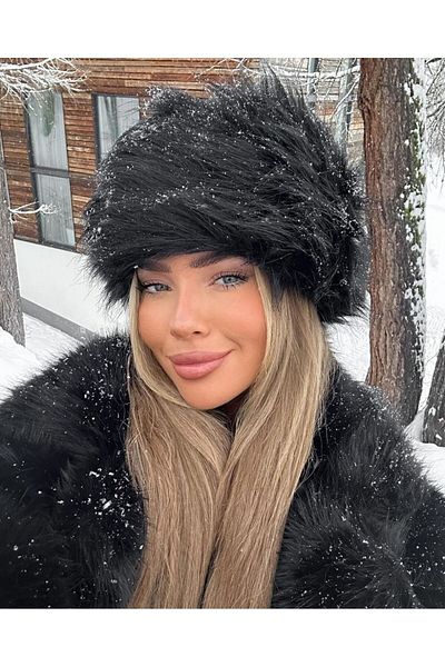 Luminos Butik Black Thick Plush Fur Hat - Fluffy and Warm Winter Hat Spk1141