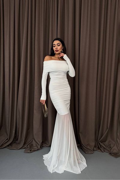 Neşeli Butik γυναικείο μακρύ τούλι φόρεμα με γιακά μαντό NBDF014