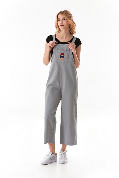 Fulla Moda Teddy Bear Embroidered Strappy Jumpsuit with Front Pocket
