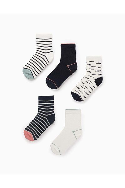 Ziddy Pack of 5 Pairs of Socks for Girls 'Fish', Blue/White/Pink/Green