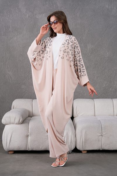 Miss Allos Women's Leopard Patterned Stone Embroidered Linen Kimono and Trousers Bottom Top Set