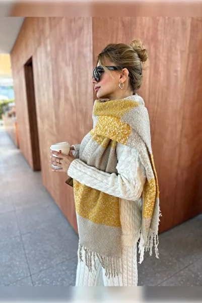 Luminos Butik Plaid Patterned Tasseled Soft Scarf - Warm, Saffron, Beige and Mink Colors Sal1284