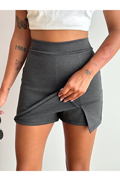 CyRo Kadın GriÖnü Yırtmaçlı Şort Etek