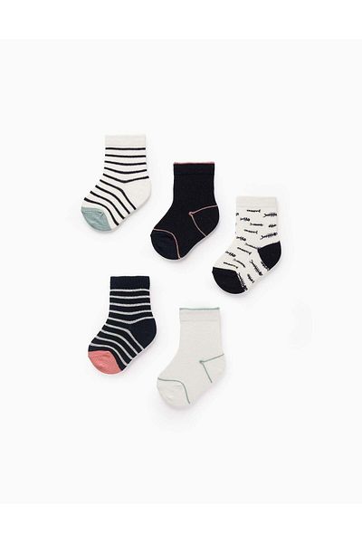 Ziddy Pack of 5 Pairs of Socks for Baby Girls 'Fish', Blue/White/Pink/Green