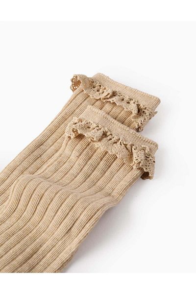 Ziddy High Socks with Crochet Ruffles for Girls, Beige