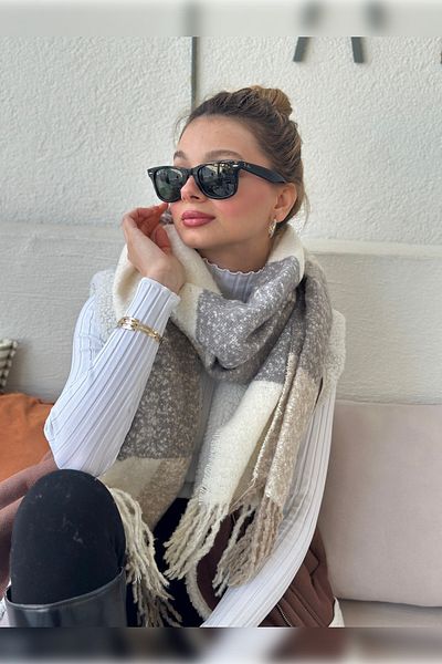 Luminos Butik Plaid Patterned Soft Textured Scarf - Warm, Tassel, Gray, White, Beige Sal1284