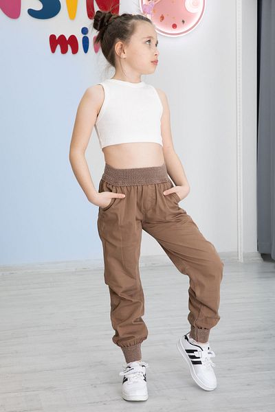 Cansın Mini Brown Girl's Ribbed Waist and Leg Trousers 20476