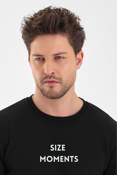 FİHA /2048-Male Printed Ribbed Zero Collar Sweat - Black