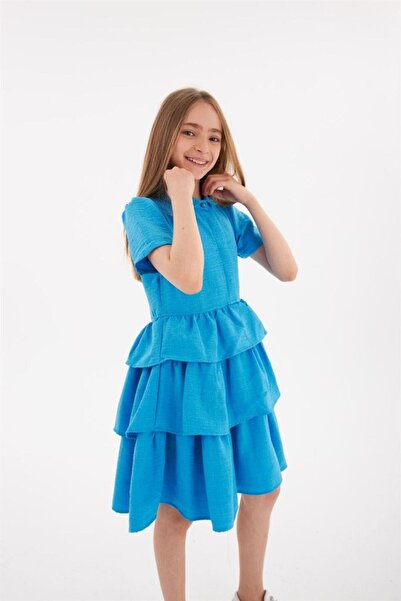 Hilal Akıncı Kids Kız Çocuk Mavi Kat Kat Elbise