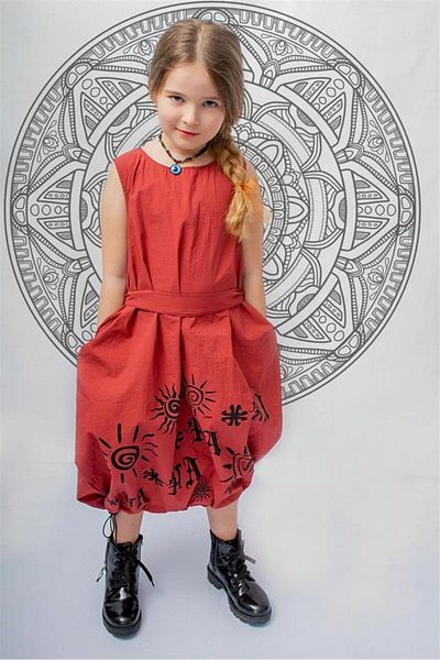Hilal Akıncı Kids Rochie din țesătură boemă roșie Lotus cu imprimeu H'a pentru fete
