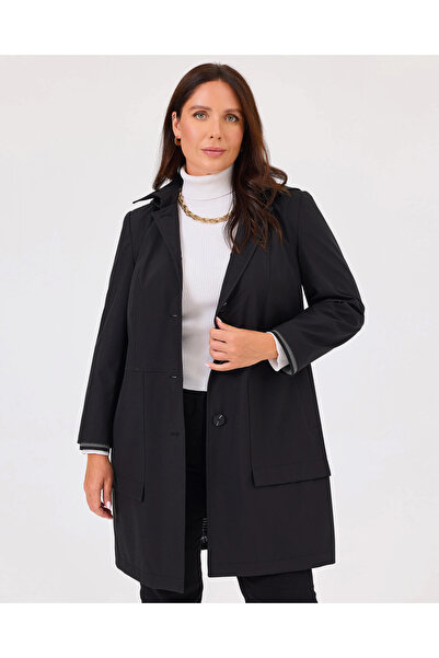 Genel Markalar Büyük Beden Kapüşon Yaka Cepli Düğmeli Trençkot