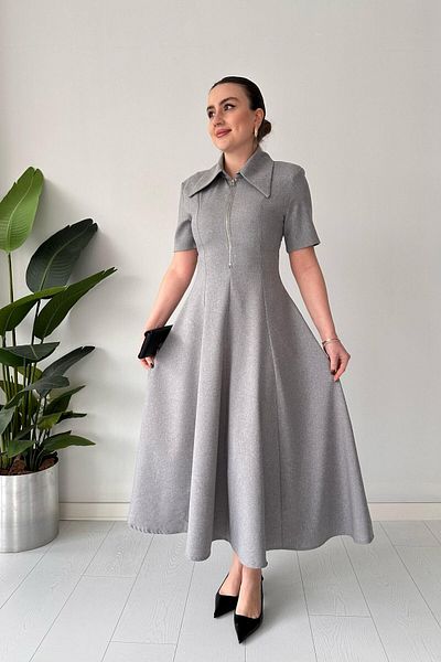 MaziButik Γκρι φόρεμα με μυτερό γιακά με φερμουάρ