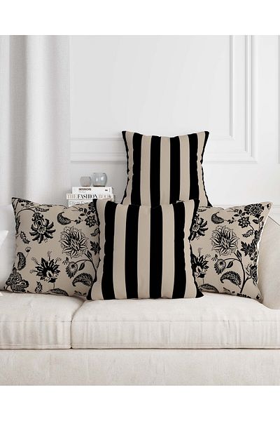 Mumi Dekor Ethnic Stripe Patterned Digital Printed 4-Piece Sofa Pillow and Throw Pillow Case Set in Black and Gray Colors