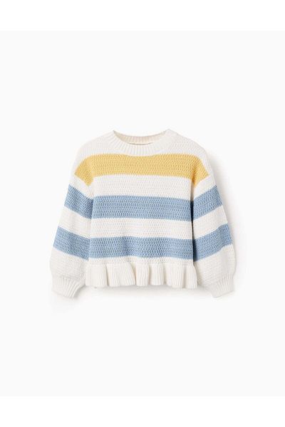 Ziddy Striped Knit Jumper with Ruffles for Girls, White/Yellow/Blue