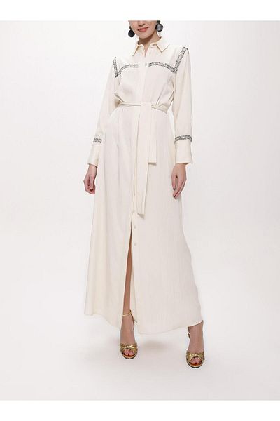 SOCIETA Ecru Stripe Belted Long Shirt Dress 94153
