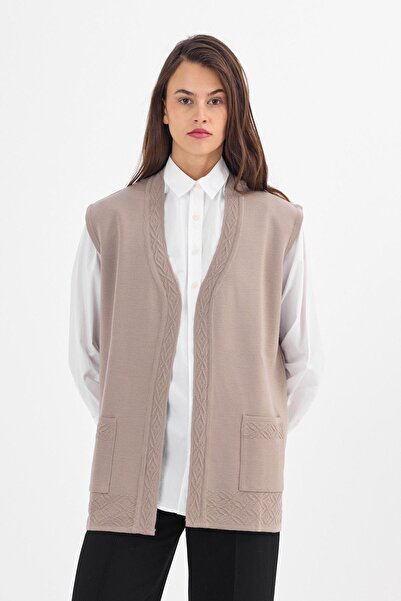Uludağ Triko Vestă de damă în carouri cu nisip în relief