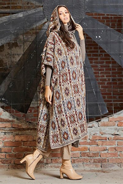 Uludağ Triko Stone Kilim Pattern Hooded Poncho