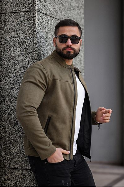 BASEL.CO Ανδρικό Premium μανίκια και τσέπες με φερμουάρ Λεπτομερές κολάρο Snap Fastener Εποχιακό σουέτ μπουφάν