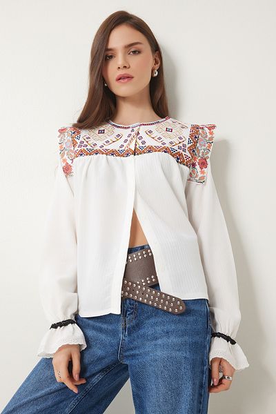 Lovelyİstanbul Beige Les0017 Embroidery Embroidered Cotton Shirt