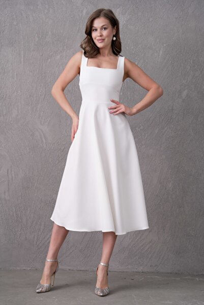 vuvutasarım Γυναικείο Atlas υφασμάτινο τετράγωνο γιακά Χοντρό λουράκι Midi μήκους λευκό φόρεμα 151