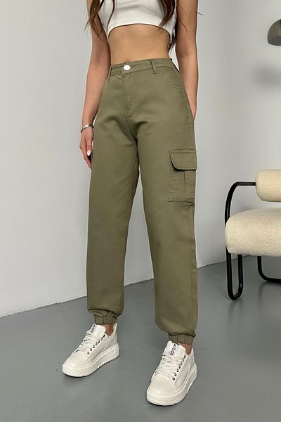 BİKELİFE Gabardine Fabric Green Cargo Pants with Pockets