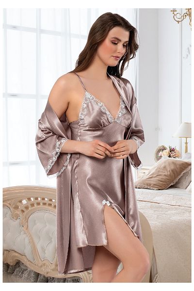 Angels Story Mink 2117 - Set cămașă de noapte și halat de toaletă din dantelă din satin