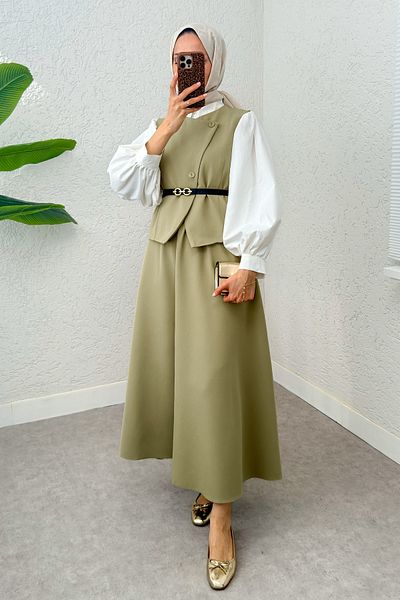 Salih Çelebi Belted Vest Skirt Suit 24123 (Light Khaki)
