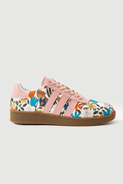 Feyz istanbul White Leather Sneaker - Pink Flower Embroidered Sports Shoes Gardena