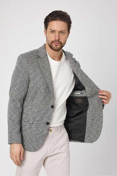 Frappoli Ubaldo Чоловічий чорний блейзер з трикотажу з ефектом льону, еластичний, з додаванням лайкру та бавовни