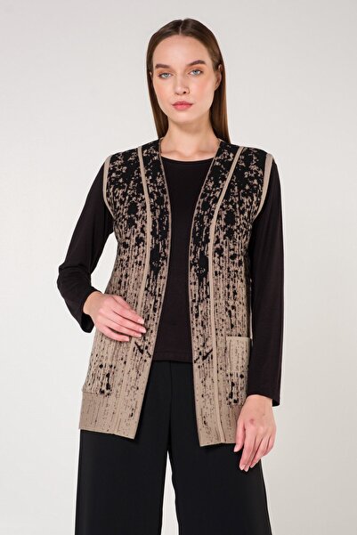 Uludağ Triko Жіночий чорний безгудзиковий ретро-візерунковий трикотажний жилет з кишенями
