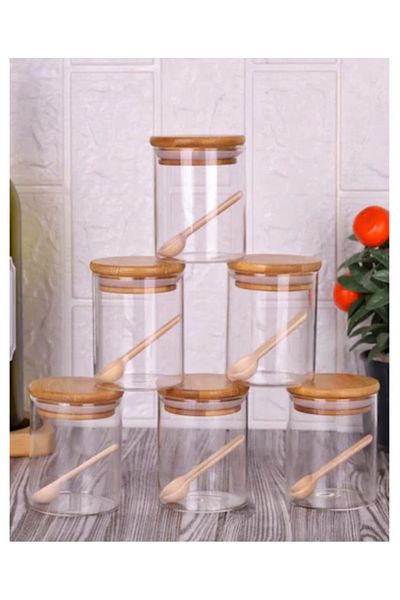 Kitchen Pembelia Set of 6 Spice Jars with Spoon and Bamboo Lid Borosilicate Glass 250ml