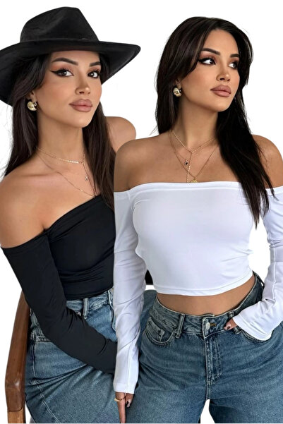 KaSheHa Beyaz-siyah 2'li Sandy Kumaş Kayık Yaka Straplez Full Esnek Bluz 30 Cm