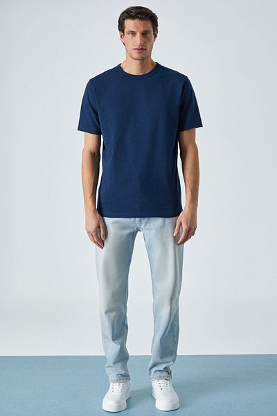 GRIMELANGE Peltz Men's Relaxed Crew Neck Short Sleeve Navy Blue T-Shirt