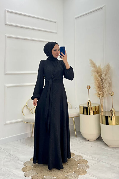 Neşeli Butik فستان حريمي من الجاكار بتفاصيل جلد NMS044