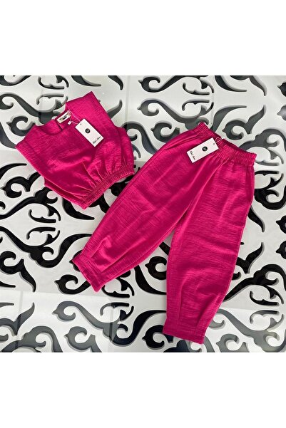 Hilal Akıncı Kids Girl's Padded Linen Blouse with Collet Detail in Legs Harem Pants Set of 2