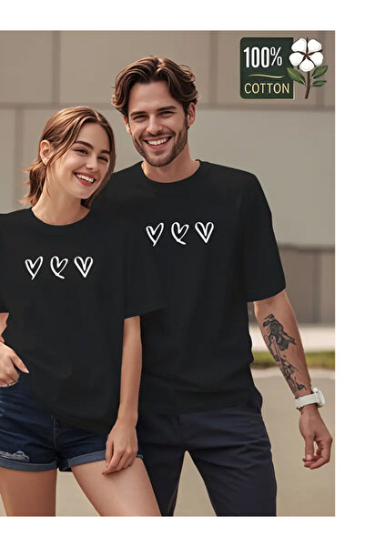 EXPECTED Unisex Μαύρο Μπλουζάκι για Ζευγάρια και Φίλους με Σχέδιο Καρδιές σε ...
