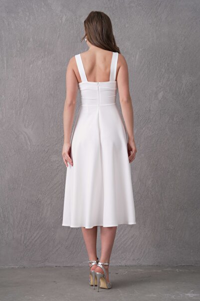 vuvutasarım Γυναικείο Atlas υφασμάτινο τετράγωνο γιακά Χοντρό λουράκι Midi μήκους λευκό φόρεμα 151