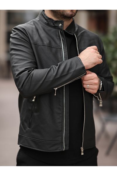BASEL.CO Ανδρικό Premium μανίκια και τσέπες με φερμουάρ Λεπτομερές εποχιακό δερμάτινο μπουφάν με κούμπωμα στον γιακά