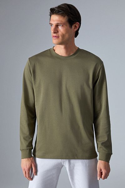 GRIMELANGE Boone Men's Regular Crew Neck Long Sleeve Khaki T-Shirt
