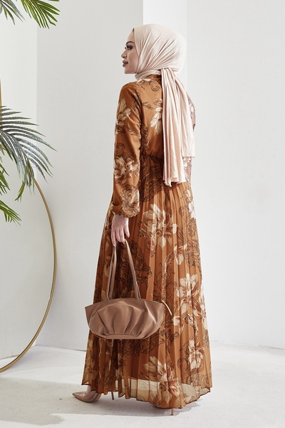InStyle Serena Flower Pattern Pleated Dark Brown Chiffon Dress