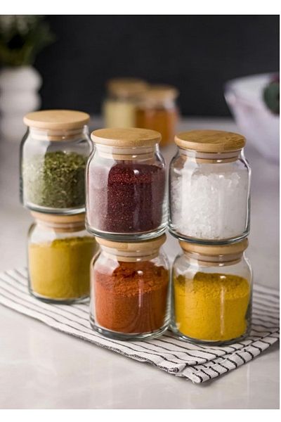 Kitchen Pembelia طقم وعاء توابل زجاجي بغطاء من الخيزران سعة 6 قطع سعة 300 سم مكعب