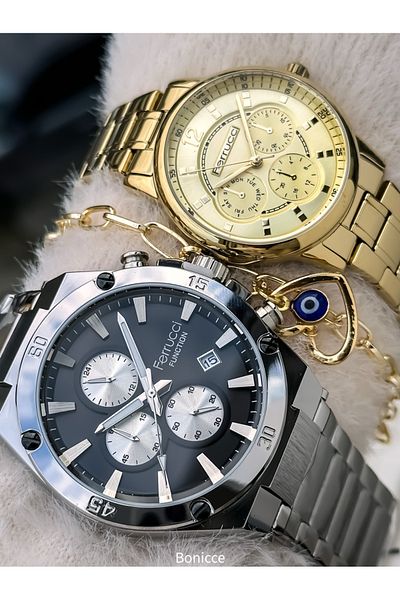 Ferrucci Brand Steel Cord Silver Yellow Color, Lover Watches + Rosary Bracelet