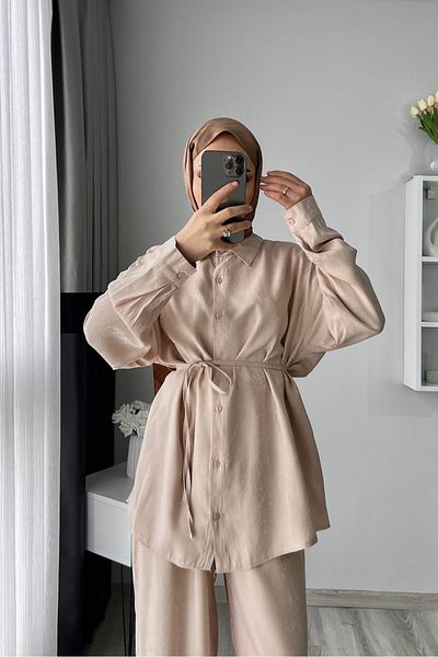 Neşeli Butik Γυναικείο Ζακάρ Κάτω Τοπ Δύο Μανίκια Κοστούμι NMS053