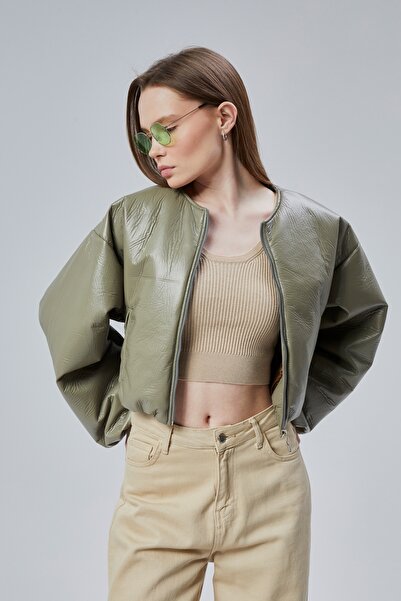 CHOS7N Kadın Puf Elastik Kenarlı Yumuşak Bomber Ceket Bisiklet Yaka Uzun Koll...