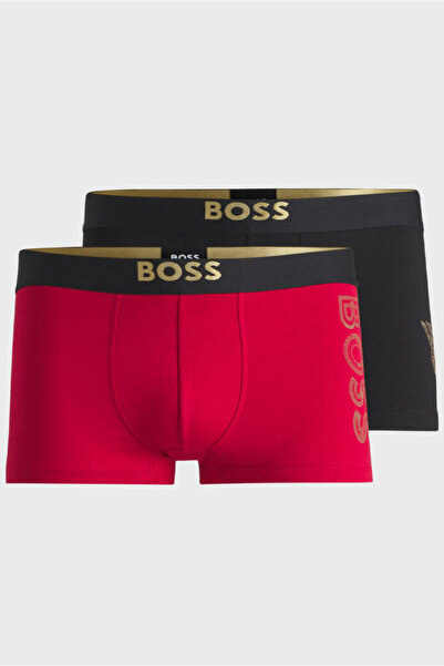BOSS Erkek 2'li Paket Pamuklu Logo İşlemeli Siyah-Kırmızı Boxer 50541223-640