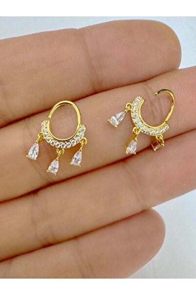 Arescollection 1 ADET ÇELİK BARLI ZİRKON TAŞLI DAMLA SALLANTILI CONCH HELİX LOBE DAİTH UYUMLU PİERCİNG