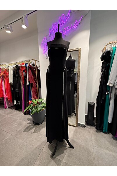 Kupa Kızı Mar de Moda Taş Detaylı Straplez Uzun Yırtmaçlı Abiye Elbise