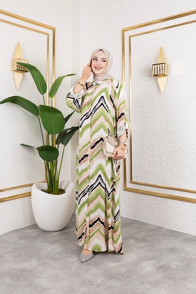 Sfg Life Moda Women's Patterned Woven Viscose Oversize Dress with High Collar and Buttoned Front Side Pocket Detail